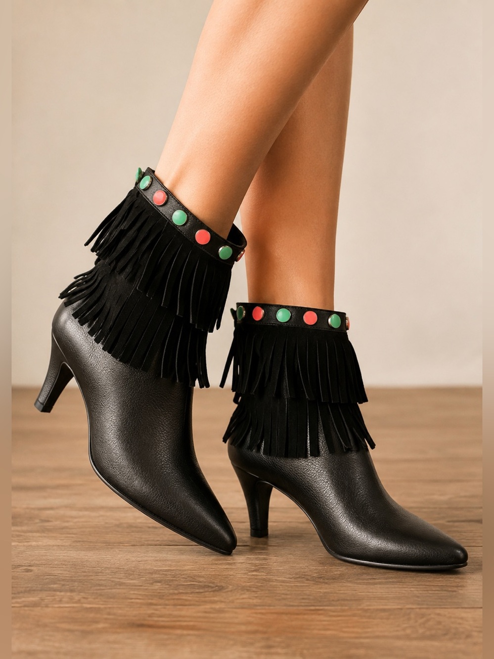 Hot in Hollwood Fringed Black Ankle Boots with Color Stud Trim
